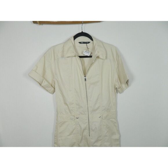 Zara Jumpsuit Size Small Beige Relaxed Fit Wide Leg Cargo Pocket Zipper Front - Picture 8 of 16